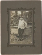 Mustache Man in Workman Cap Checked Shirt Wood Bin 1910s Original Mounted Photo