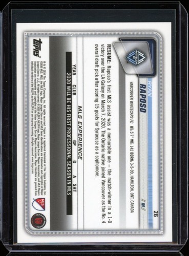 2020 Bowman mls RYAN RAPOSO rookie RC 🇨🇦 whitecaps - 617 MADE! - Picture 2 of 2