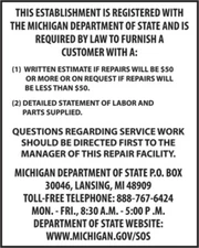 Michigan Consumer Information Auto Repair Poster Vinyl Banner Auto Shop Display