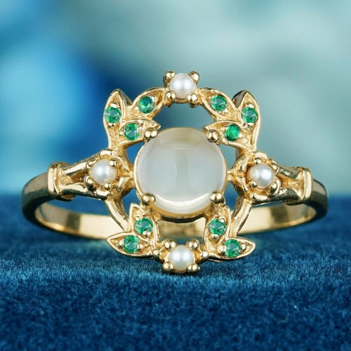 9K Yellow Gold Natural Moonstone Emerald and Diamond Vintage Style Ring in Solid - Picture 3 of 8