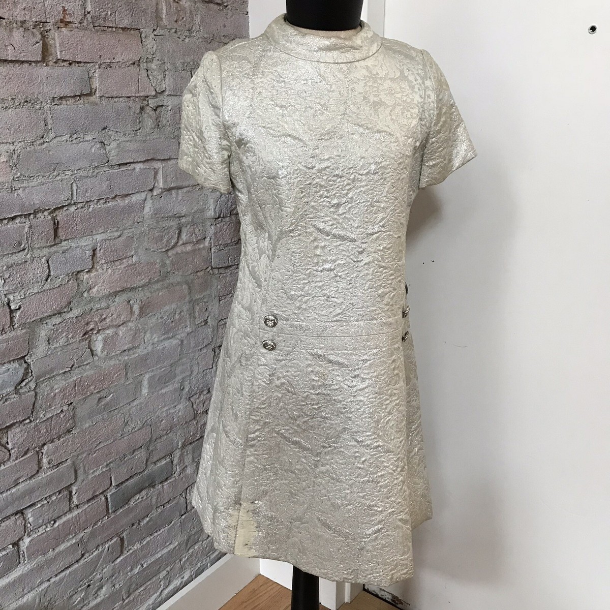 Vintage 60's Evelyn Bader Silver Metallic Brocade Mini Dress Rhinestone A- Line 6 | eBay Vintage 60's Evelyn Bader Silver Metallic Brocade Mini Dress Rhinestone A- Line 6 | eBay