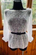 White Bridal Women Jumper Mesh Mohair Wool Loose Fit Sweater Hand Knit One Size