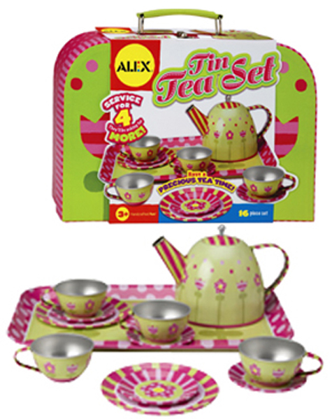 NEW IN CUTE CARRY CASE 16 Piece Tin Tea Set by ALEX in Pink 