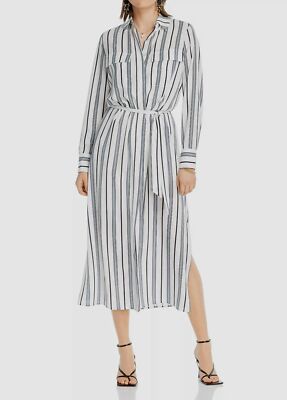 $450 LINI Women White's Blue V-Neck Laura Striped Button-Down A-Line Dress M