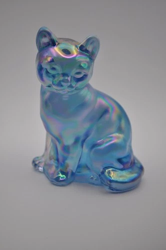 Vintage Fenton Carnival Glass Cobalt Iridescent Sitting Kitten Cat Figurine