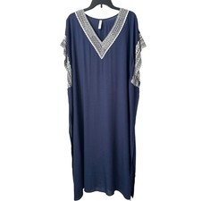 Dark Blue Kaftan Maxi Dress Ethnic Embroidery Women's XL Loungwear Beach Boho