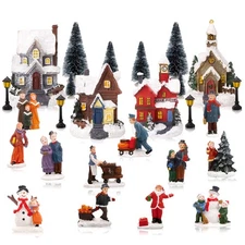 27Pcs Christmas Village Sets, LED Lighted Christmas Village Houses with Figur...
