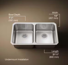 KOHLER K-3350-NA Undertone Undercounter Kitchen Sink 50/50 Double Bowl 31 inch