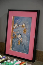 Chickadees Watercolor in Black Metal frame