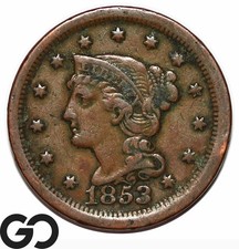 1853 Large Cent, Braided Hair