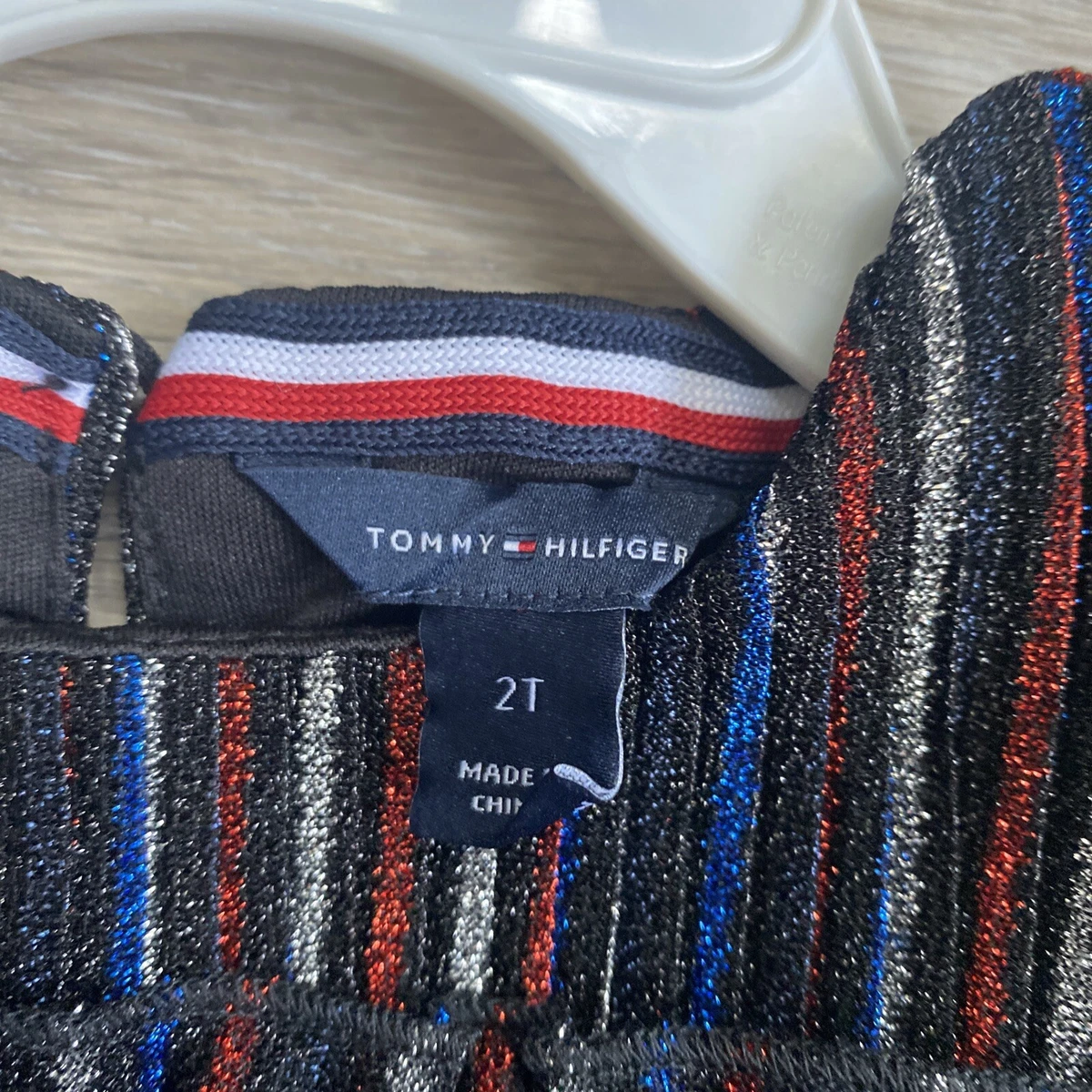 Tommy Hilfiger Kids Metallic 4th July Red Blue Striped Ruffle Dress Sz 2T Girls