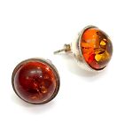 Amber Designer Large Round Stud Earrings 925 Solid Sterling Silver Honey Baltic