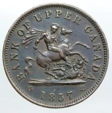 1857 UPPER CANADA Antique UK Queen Victoria Time PENNY BANK TOKEN Coin i90544