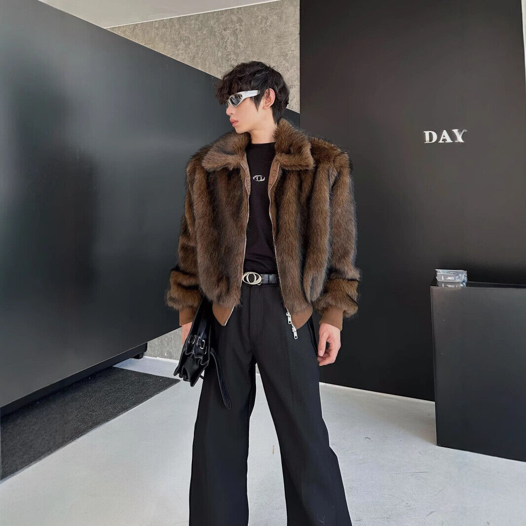 Mens Loose Fit Short Coat Lapel Collar Faux Fur Jacket Zip Mens Loose Fit Short Coat Lapel Collar Faux Fur Jacket Zip