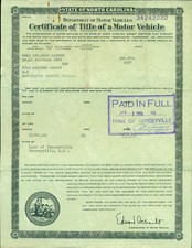 1957 NC Title Of Motor Vehicle For a 1952 ford 2 DR F WALTERS OAKLEY