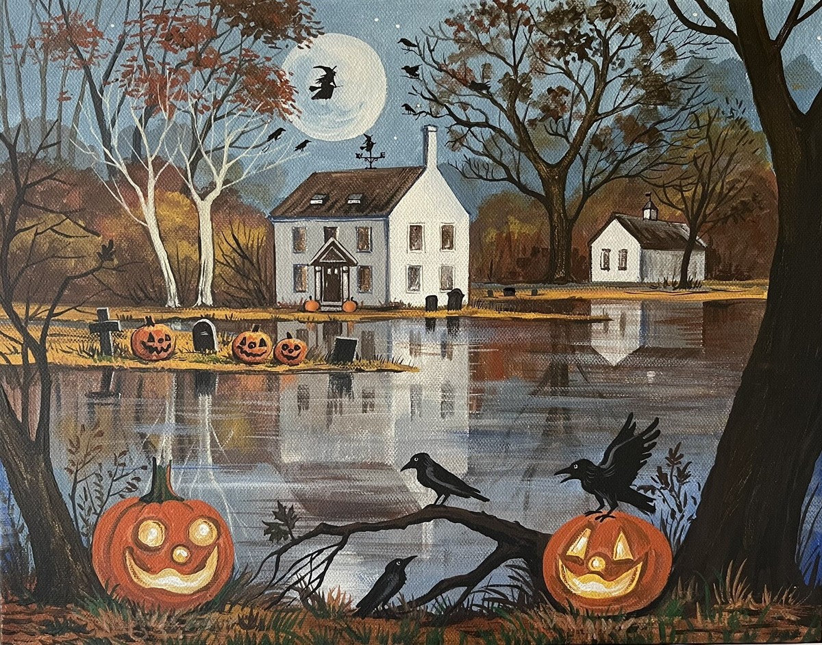 ACEO PRINT OF PAINTING RYTA BLACK CAT HALLOWEEN Folk Art landscape