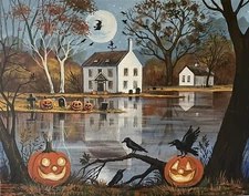 ACEO PRINT OF PAINTING RYTA BLACK CAT HALLOWEEN Folk Art landscape fall Salem 🌗