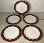 Lot Of 5 VTG Corning Dinnerware Plate Red Scalloped Border White Milk Glass 10”