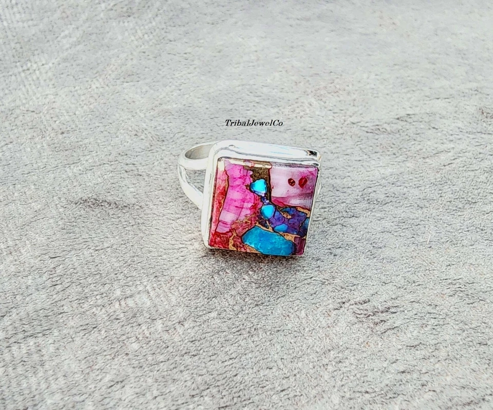 Anillo de plata esterlina 925 rosa ostra turquesa piedras preciosas regalo de cumpleaños para ella Foto 3 de 4
