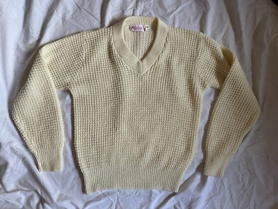Vintage 70s Alan Arnold Collection Cream V-NECK Sweater M Long Sleeve Acrylic