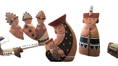9'' Large Figure Peruvian Folk Art Terracotta Red Clay Nativity 5 Piece  EXEC