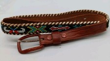Vintage Seed Beaded Western Belt Leather Brown 31" READ for Repair Or Crafts