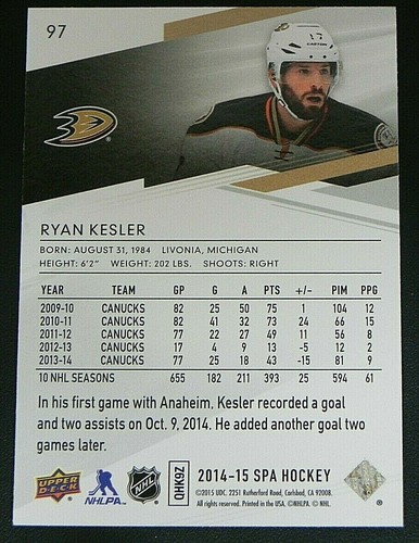 2014-15 14/15 SP Authentic Base Card #97 Ryan Kesler Anaheim Ducks - Picture 2 of 2