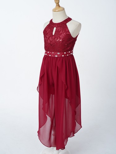 Sequin Glitter Flower Girls Dress Kids Halter Maxi Romper Gown Prom Dresses - Picture 8 of 54