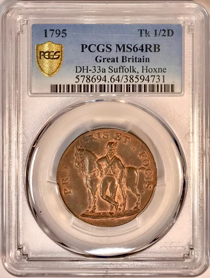 Moneda británica antigua grande de 1795 Gran Bretaña Inglaterra 1/2 centavo ficha graduación profesional MS64 RB Foto 2 de 4