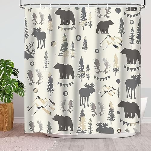 Bear Shower Curtain, Mountain Woodland Animal Shower Curtains for Bathroom