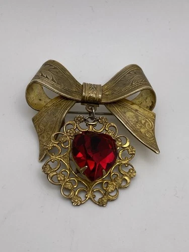 Vintage Miriam Haskell Etched Gold Bow Brooch With Dangle Red Faceted Heart