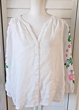 Charter Club Luxury Linen Blouse with printed embroidery long sleeves XL