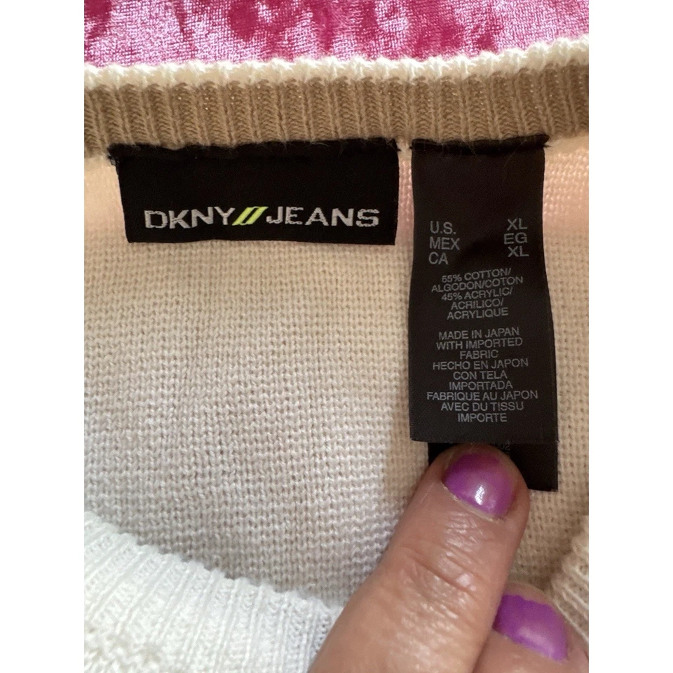 Suéter DKNY Vintage Para Hombre Beige Crema Marfil Tejido Logo XL Playa Invierno Costero Foto 2 de 4