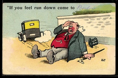 Postcard Passenger With Bump On Head After Falling From Car 