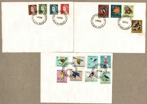 Australia 1966 Definitives QEII Fish Birds FDC Cover x3