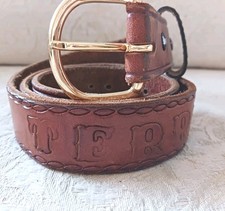 Vintage Tooled Brown Leather Belt Name TERRY Western Cowboy Size 34 Brass Buckle