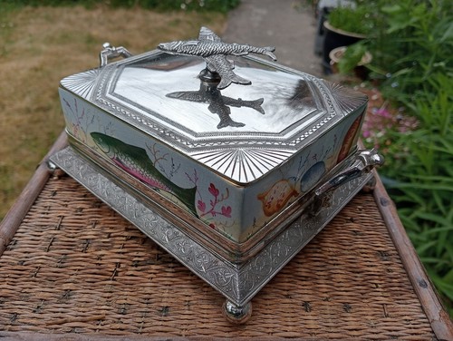 Antique Hand Painted Silver Lid and Tray Sardine Dish Box in A1 Great Condition - Picture 2 of 9