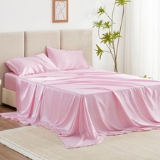 Satin Queen Sheets Set 4 Piece Pink Silky Bed Sheets Set W/ Deep Pocket Luxury