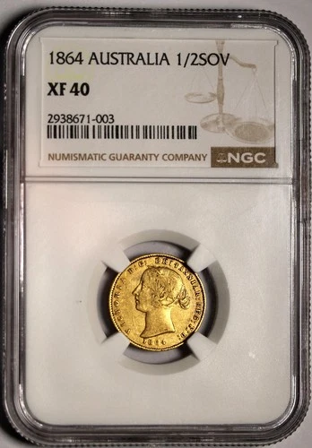 1864  Australia Gold Half Sovereign Sydney Mint Q. Victoria Coin NGC XF40 Rare