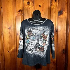 Jess and Jane Paris Tunic Top Black Long Sleeve Graphic Boho Y2K