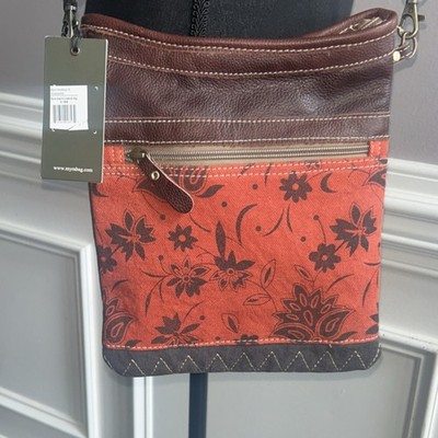 Myra Floral Pattern Small Crossbody Bag Brown Red Blue w/Outer Pockets Zip