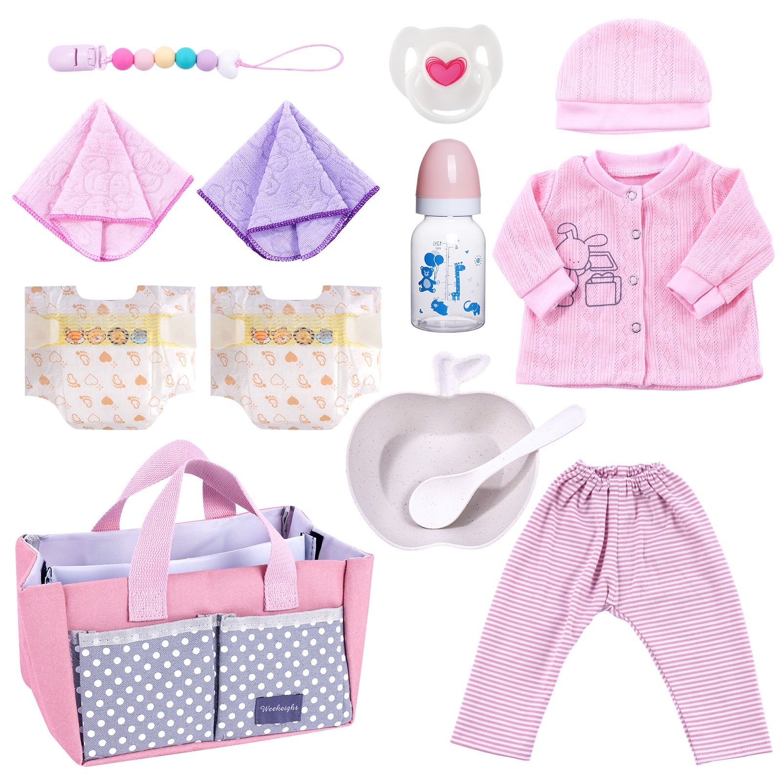 10Pcs Baby Doll Accessories Set Carry Bag Fits 17-22in Dolls 3+