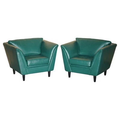 PAIR OF VINTAGE MID CENTURY MODERN DESIGNER GREEN LEATHER CONTEMPORARY ARMCHAIRS - Image 1 of 4