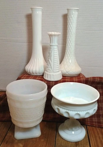 Vintage Milk Glass Vase And Pedestal Bowl Lot