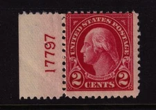 1923 Washington 2c carmine Sc 554 MNH left plate number single CV $15 (L08