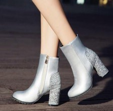 Women Block Heel High Heel Booties Sequin Ankle Boots Bride Wedding Boots Shoes