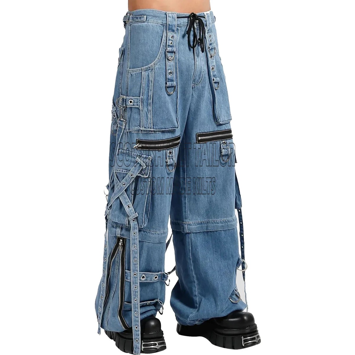 【Anyone more】Burning Cargo Strap Pintuck Wide Pants X Strap Denim Pants, Punk Baggy Cargo Jeans With Straps