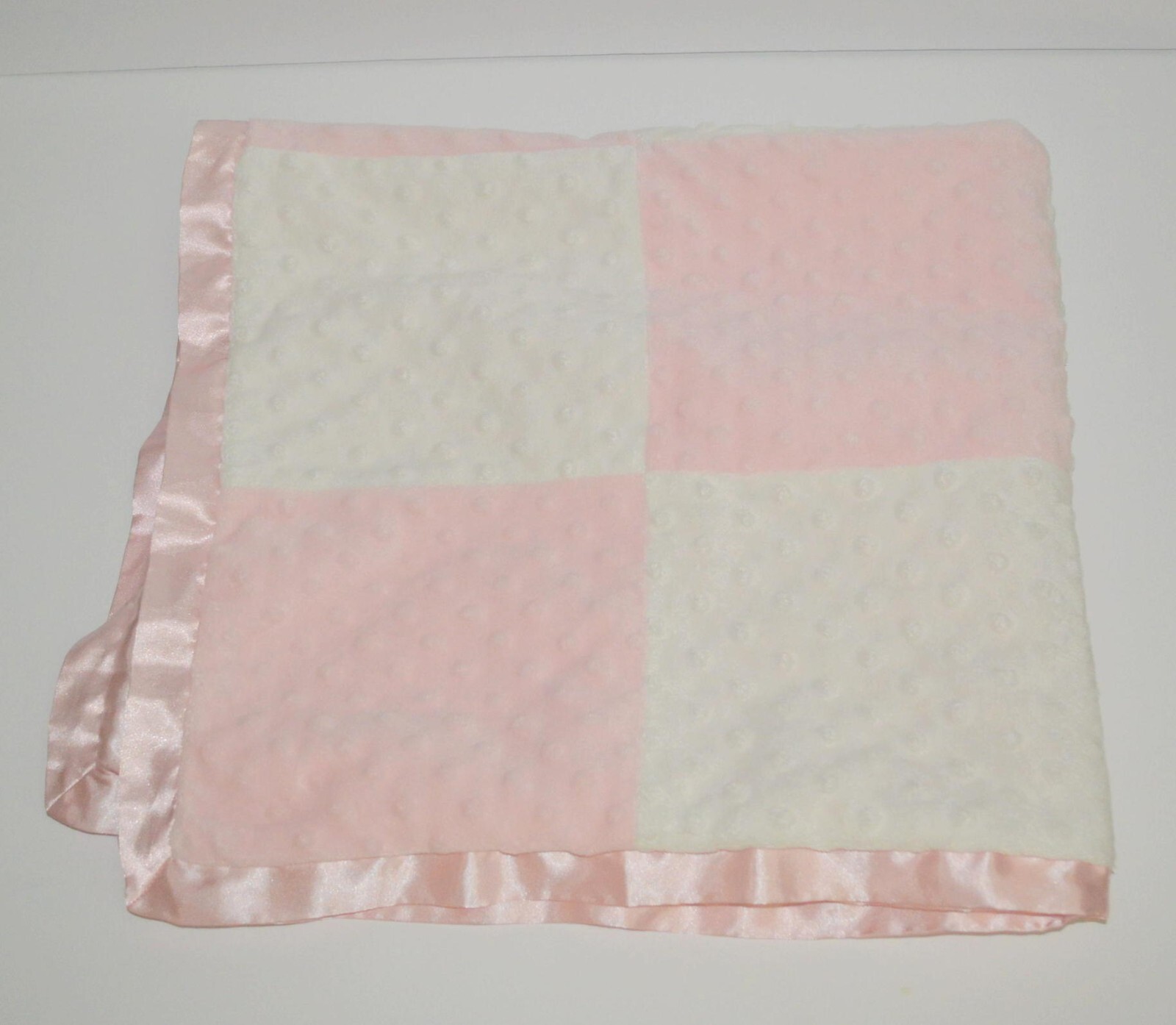 Cocalo Baby Blanket Pink White Patchwork Squares Minky Dots Satin Trim