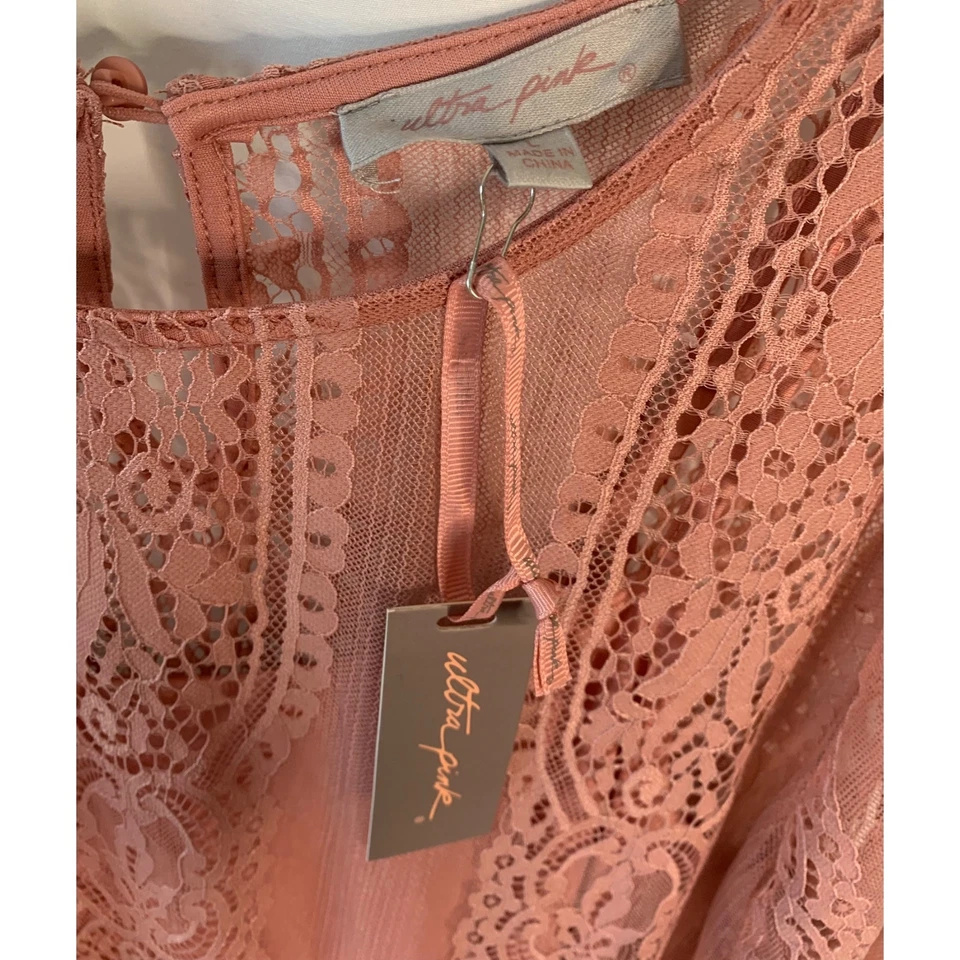 超粉色纯色粉色 100% 蕾丝荷叶边内衬长袖衬衫全新带标签 L — 第 3/4 张图片