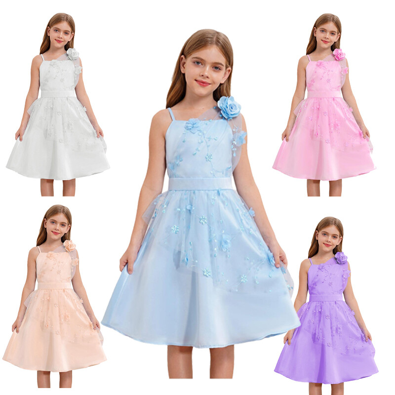 Kids Girls Flower Dress Pageant Chiffon Performance Gowns High Waist Sweet  Ball | eBay